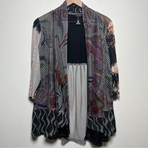 Ali Miles Women Duster Cardigan Sweater Small Petite Patchwork Artsy Mixed Print